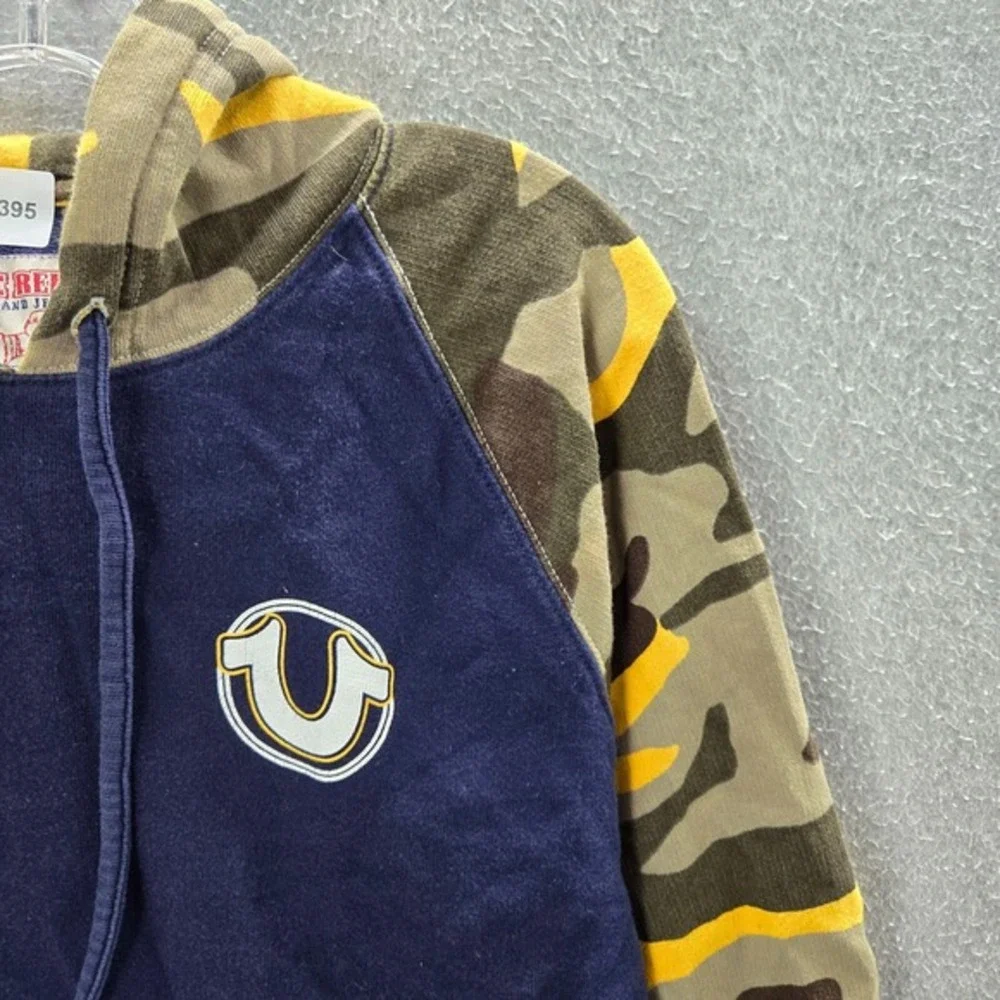 True Religion Men Sweatshirt Medium Blue Camo Terry‎ Hoodie Logo Pockets